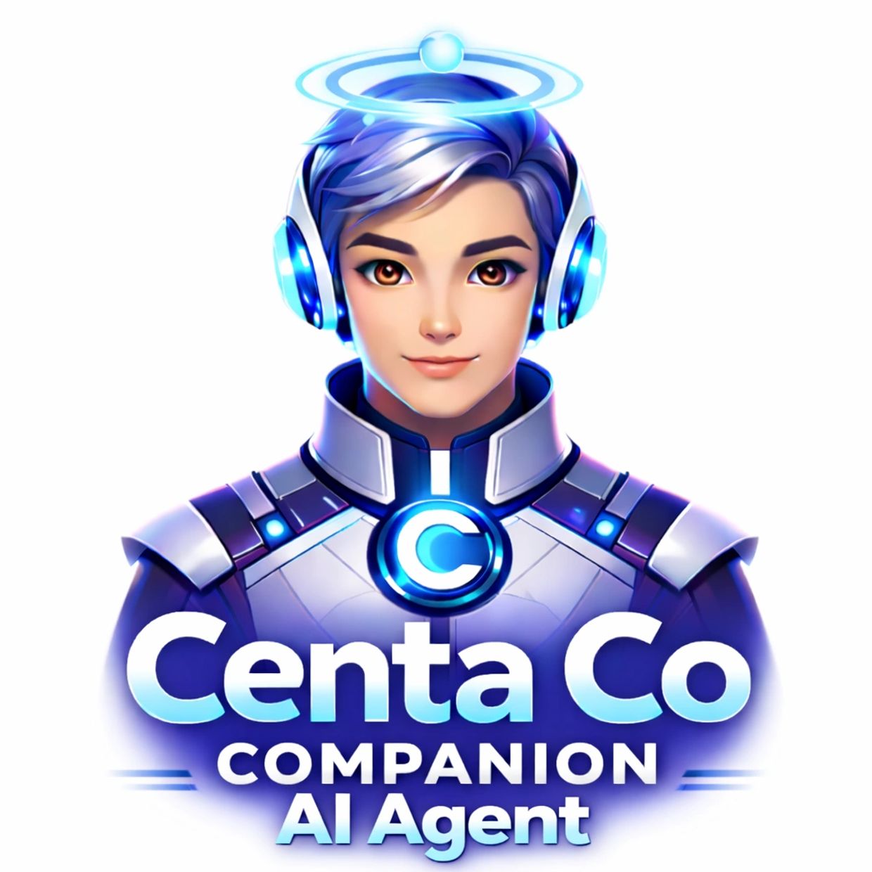 Futuristic AI companion with glowing blue elements.