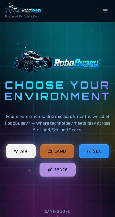 RoboBuggy game interface with environment options Air, Land, Sea, and Space.
