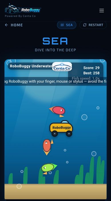Underwater RoboBuggy game with fish and score display.