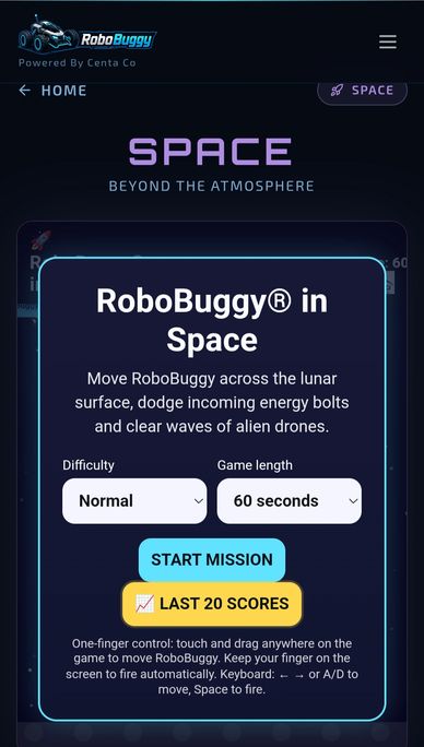 RoboBuggy game space mode interface showing controls and game settings.