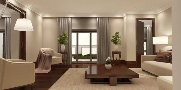 Contemporary living room with designer furniture and mahogany accents. 