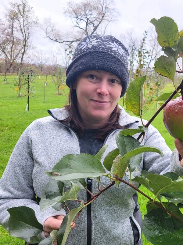 Woman in a knit hat holding an apple on a tree branch in an orchard.