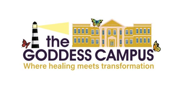 Logo of The Goddess Campus with a lighthouse, building, and butterflies.