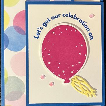 A festive card with a balloon and the phrase 'Let's get our celebration on'.
