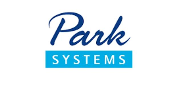 Logo of Park Systems with blue text and a blue rectangular background.
