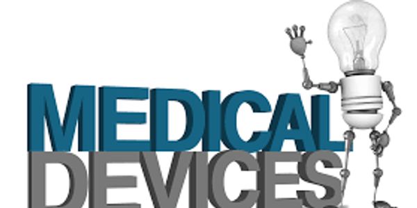 Medical Devices text with a light bulb robot figure waving.