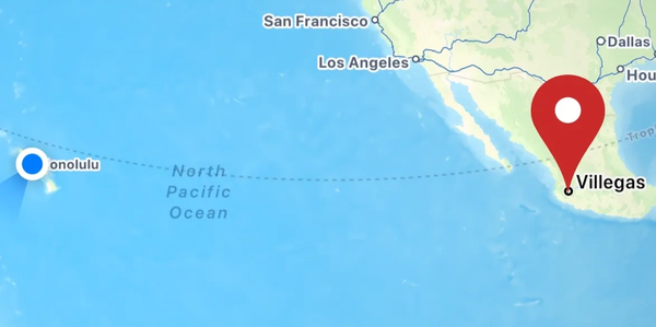 Map showing locations of Villegas and Honolulu in North America and the Pacific Ocean.