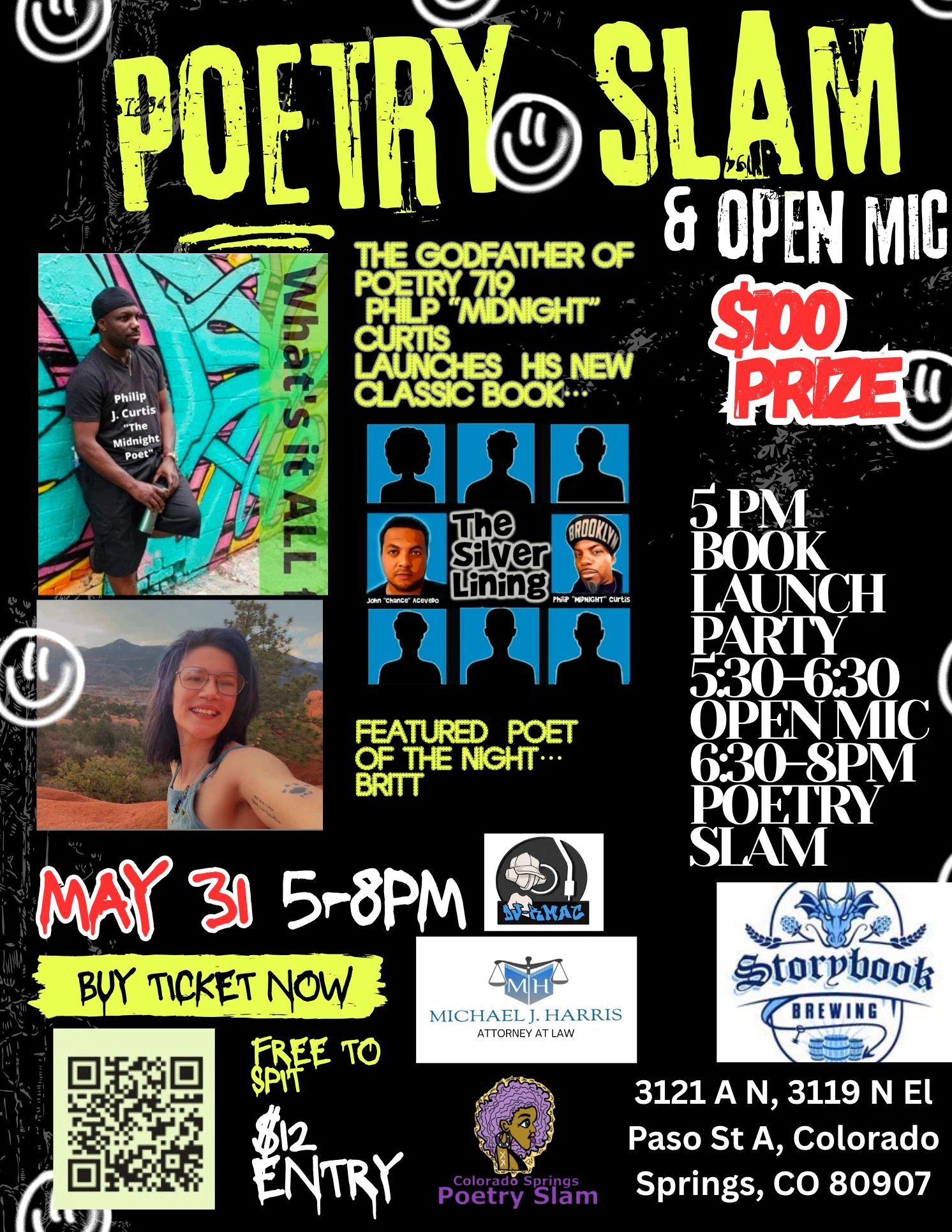 Poetry slam event with book launch, open mic, $100 prize, and featured poets on May 31 in Colorado Springs.