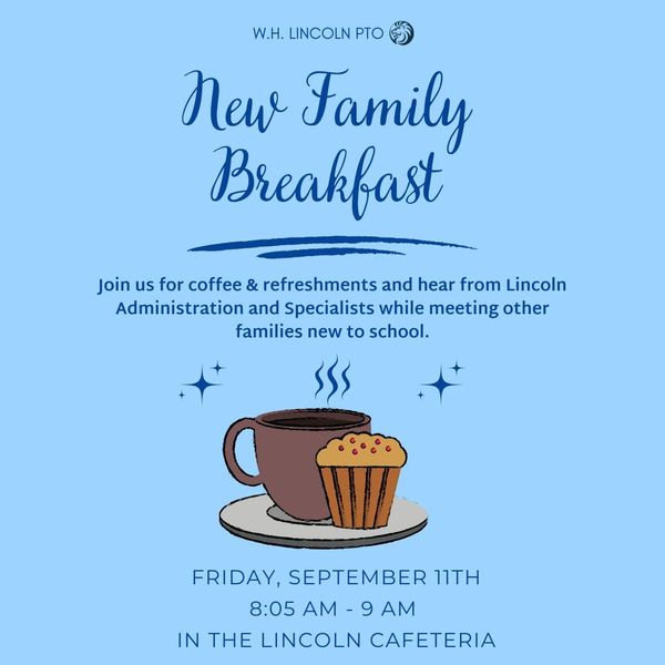 Invitation for new family breakfast at Lincoln school.
