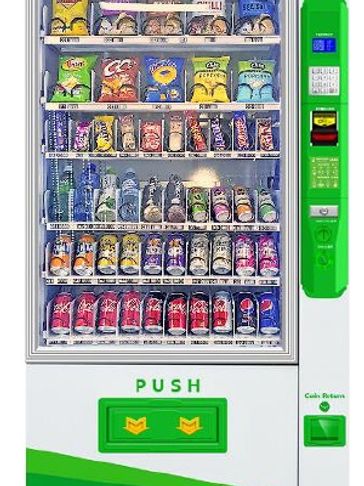 Green vending machine with snacks and drinks.