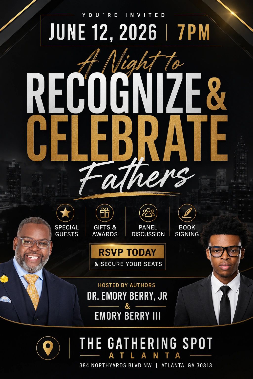 Invitation to a fathers' recognition and celebration event on June 12, 2026, at 7 PM in Atlanta.