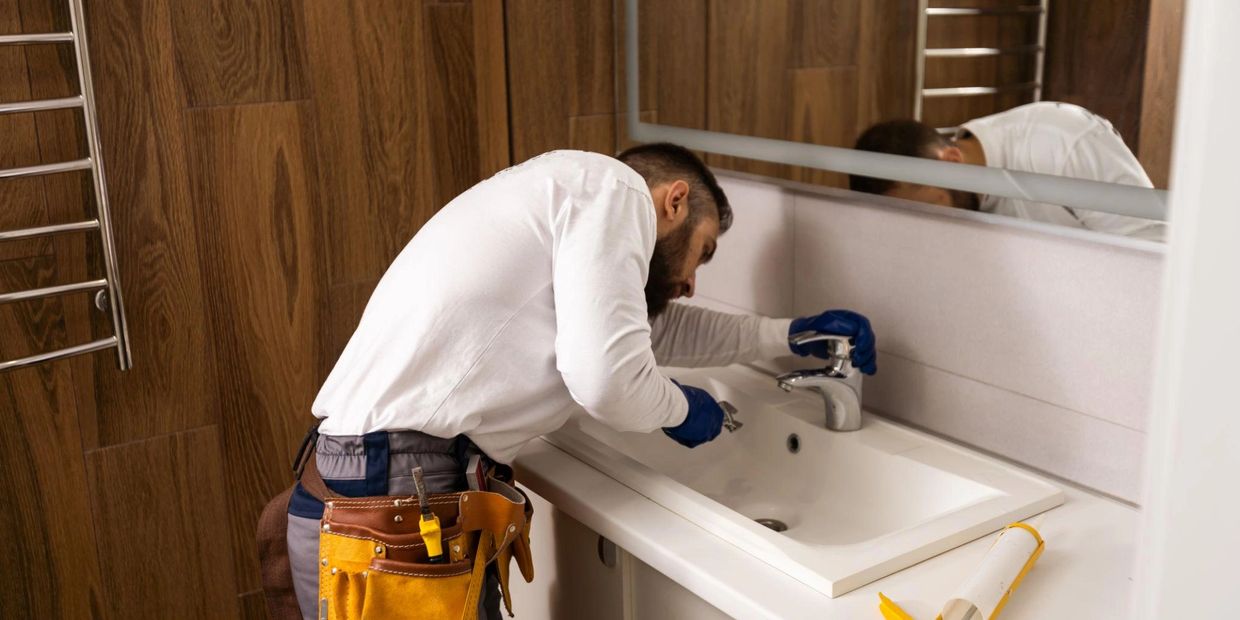 A plumber fixing a bathroom sink faucet with tools.