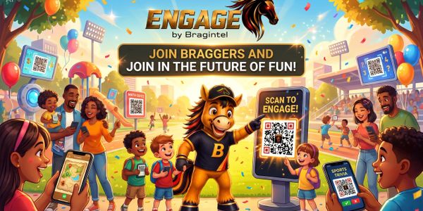 Colorful animated scene promoting BragIntel's Engage with QR codes and happy families at a sports event.