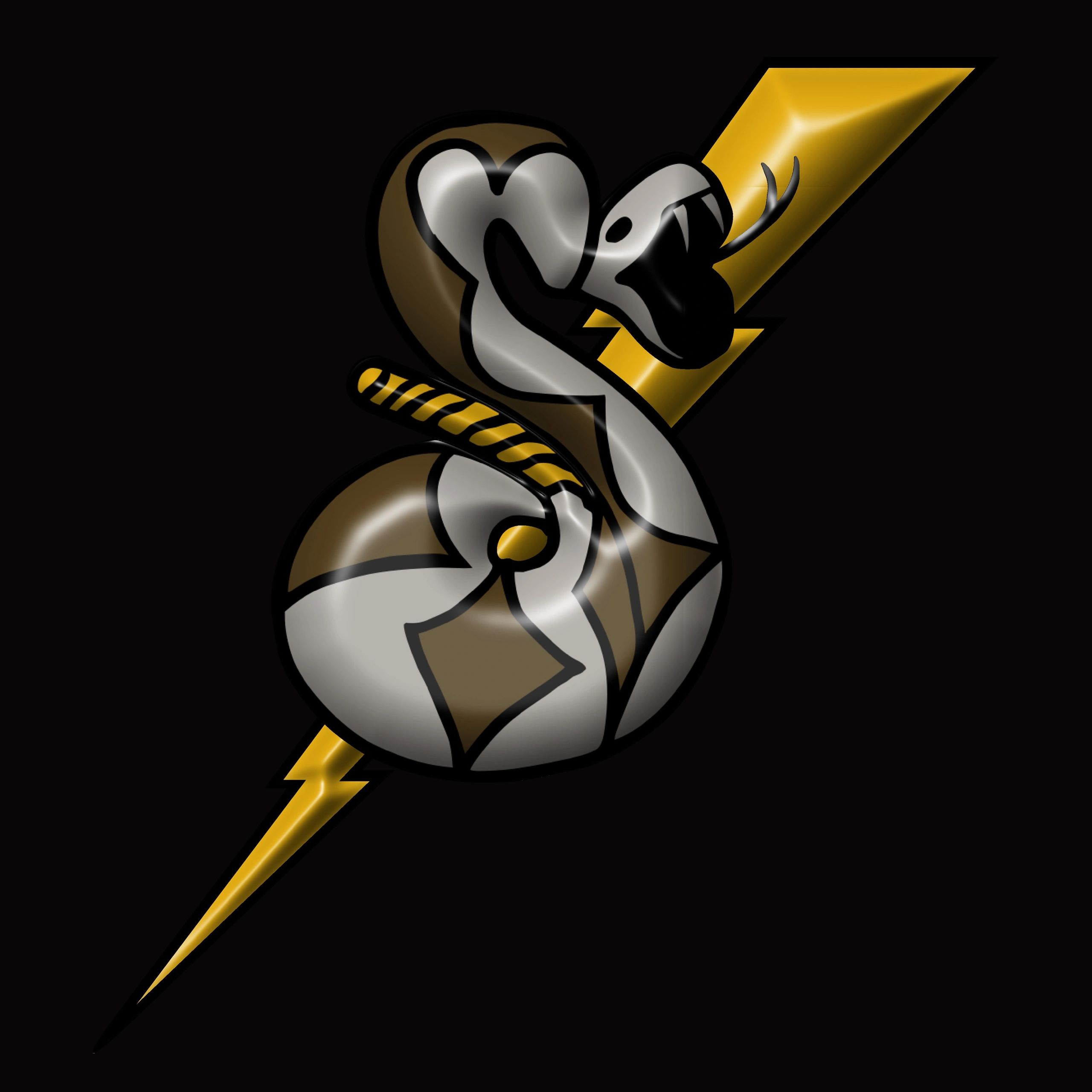 Stylized snake coiled around a golden lightning bolt on a black background.
