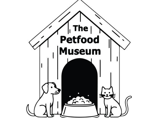 The Petfood museum, dog house with dog and cat out front sharing a bowl of food.