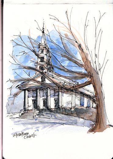 Pen and Watercolor Sketch of Church in Wrentham, MA