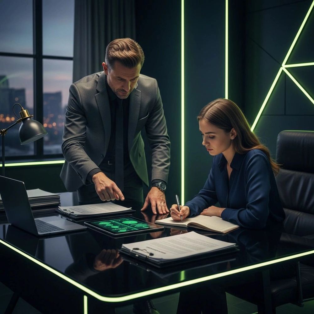 Businessman explains documents to a woman in a modern office.