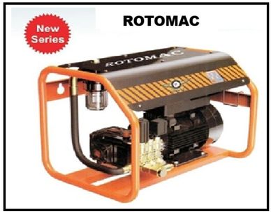 Rotomac new series industrial machine with orange frame and black motor.