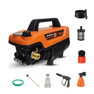 High-pressure washer with various nozzles and accessories for cleaning.