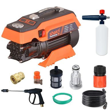 High-pressure washer machine with accessories including hose, nozzle, and connectors.