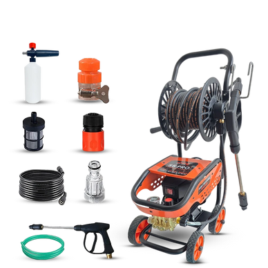 High-pressure washer with various attachments and hoses for versatile cleaning.