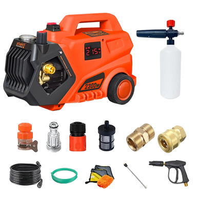 Orange high-pressure washer with multiple accessories and attachments.