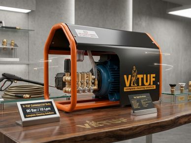 V-TUF commercial duty cleaning machine with specifications on display.