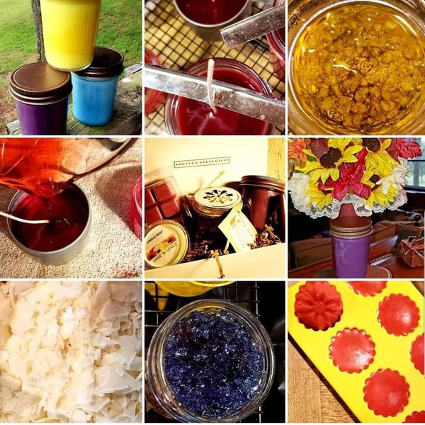 Various stages of candle making and colorful finished candles.