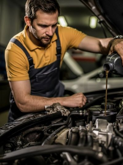 Mechanic pouring oil into a car engine during maintenance.