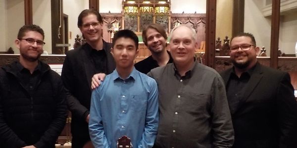 Kefan, Brad in the front and Texas Guitar Quartet members in the back. Sept.22nd 2018 G.S. concert.