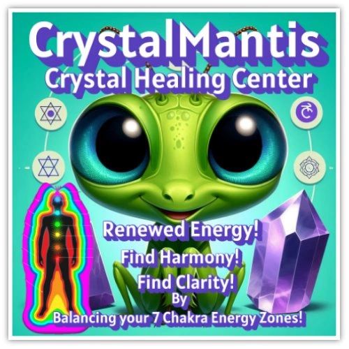 Bright green mantis with big eyes promoting crystal healing and chakra balance.