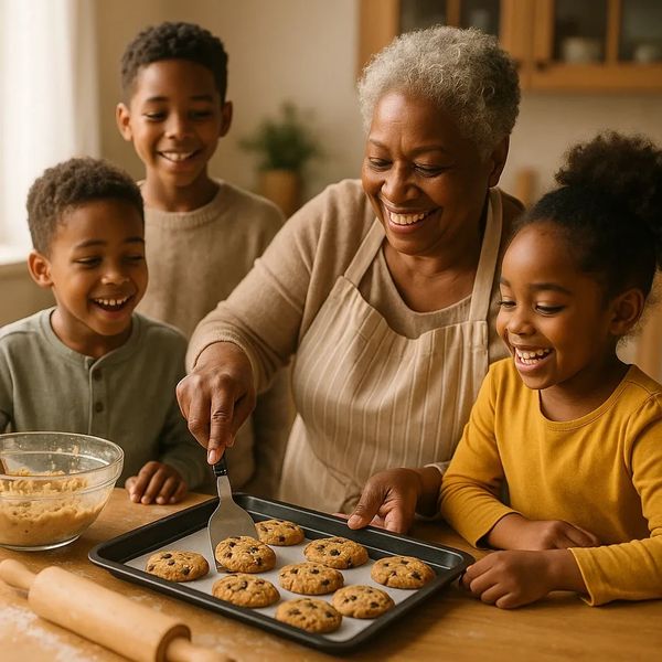 Grandmother baking cookies with her smiling grandchildren in the kitchen.