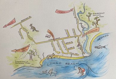 colourful pastel map drawing of Congo, its streets, beach and creek