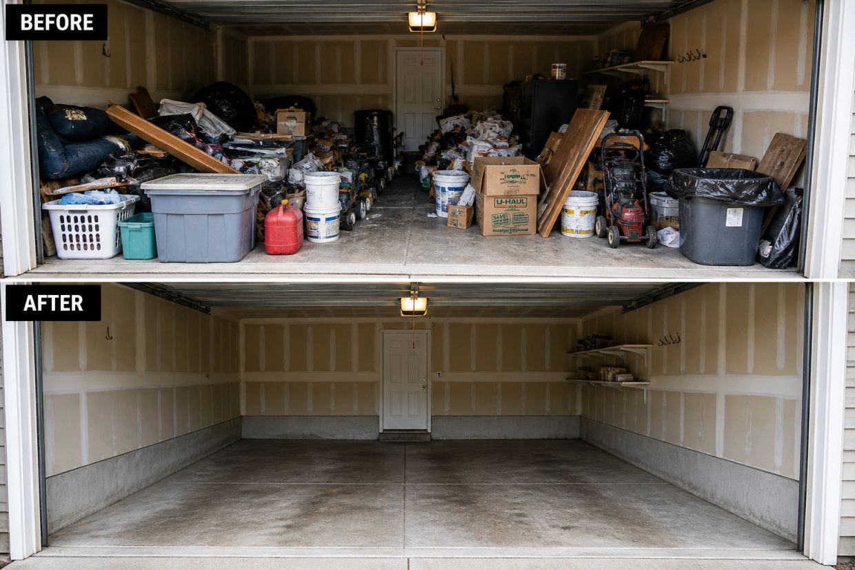 Before and after view of a cluttered garage cleaned and organized.