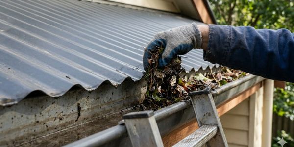 Person cleaning leaves and debris from a roof gutter with gloved hand.