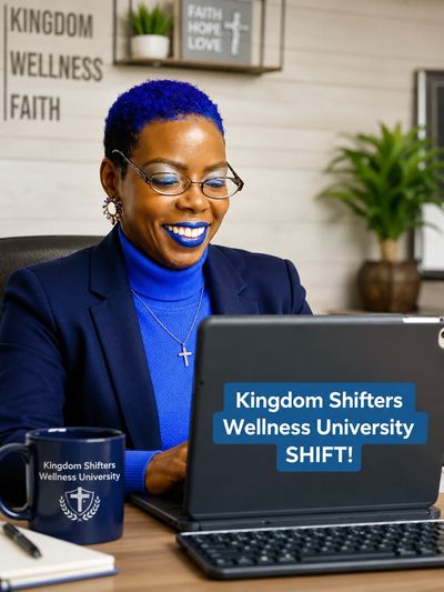 Professional woman with blue hair and lipstick working on a laptop at Kingdom Shifters Wellness University.