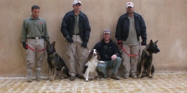Four men with three dogs posing against a beige wall outdoors.