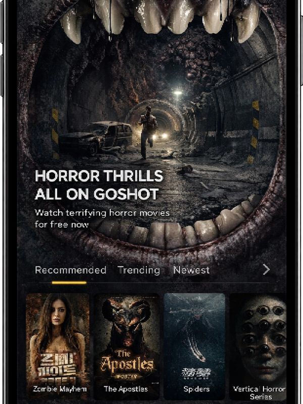 Mobile app interface showcasing horror movie selections with a dark tunnel and monstrous teeth frame.