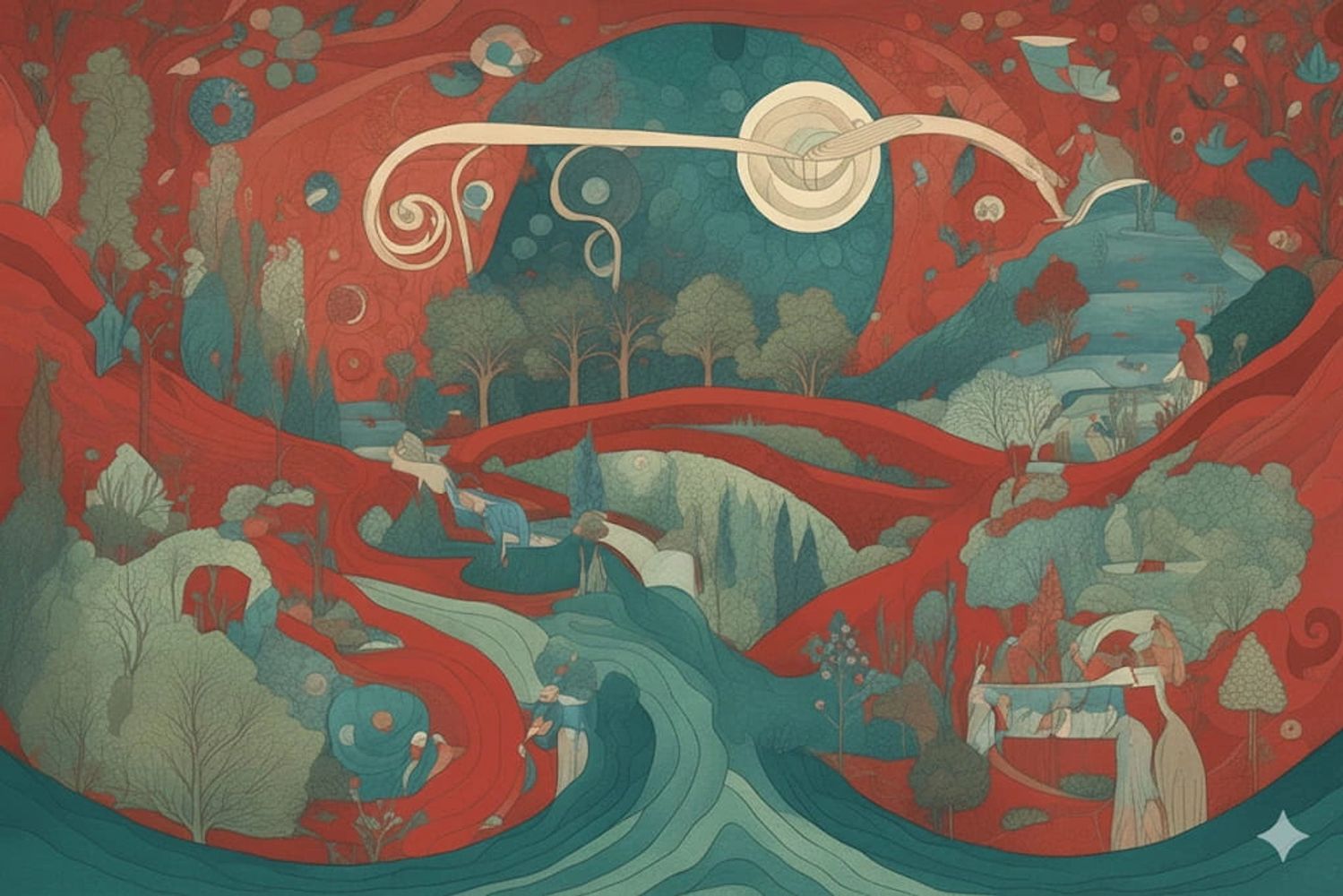 Abstract forest path inspired by Jung's Red Book, symbolizing personal journey in Jungian coaching.