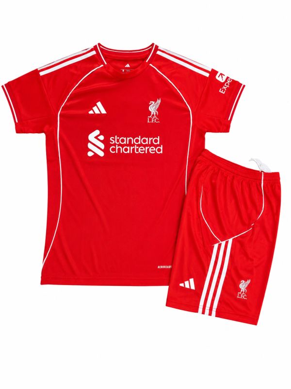 Red Liverpool football kit with white stripes and sponsor logos.