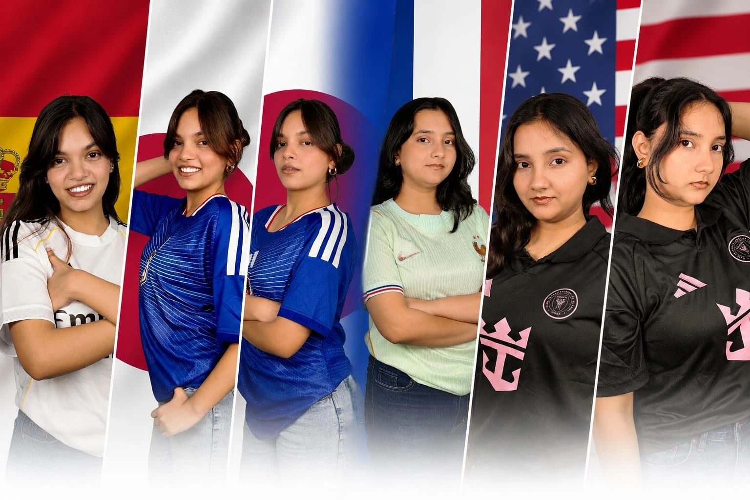Young women posing in soccer jerseys with national flags of Spain, South Korea, France, and the USA in the background.