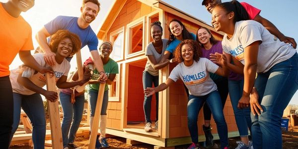 Volunteers in front of a build project 