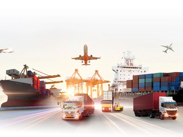 A vibrant montage of global transportation featuring trucks, cargo ships