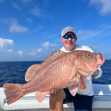 Captain Veiko holding his personal best Kitty Mitchell grouper from a deep drop trip