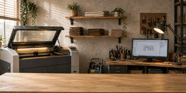 A modern woodworking workshop with laser cutter and organized tools.