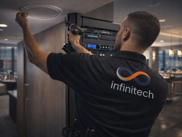 Infinitech technician installing ceiling WiFi access point for business network