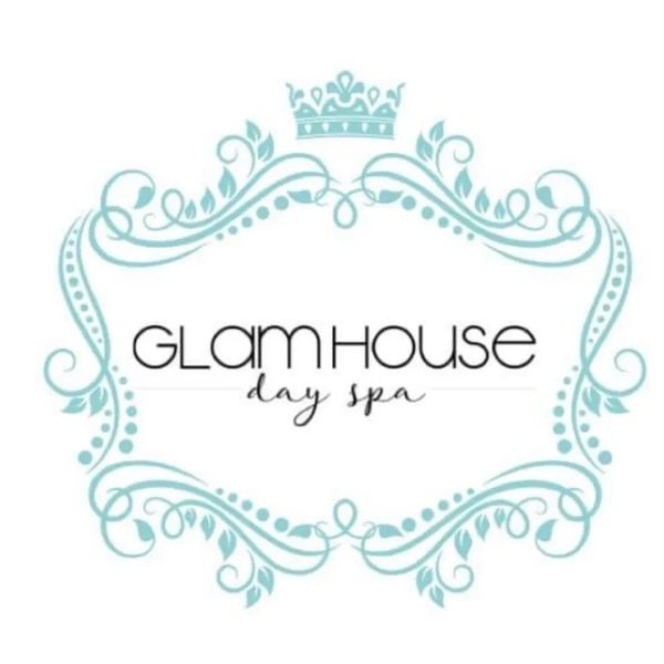 Logo for Glam House Day Spa with elegant blue floral frame and crown.