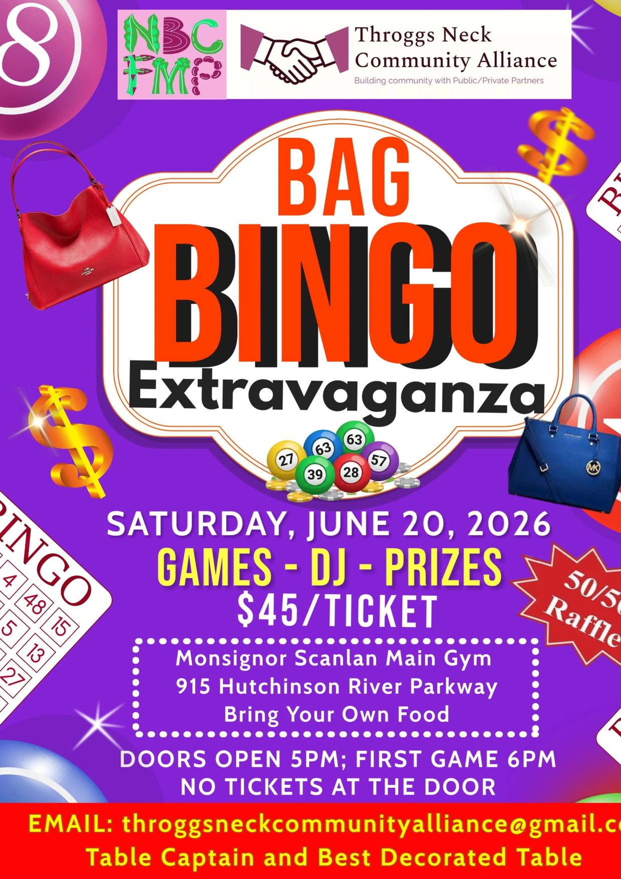 Bag Bingo advertisement for June 20th, 2026. Tickets $45. Doors open at 5 pm. First game 6 pm. 915 H