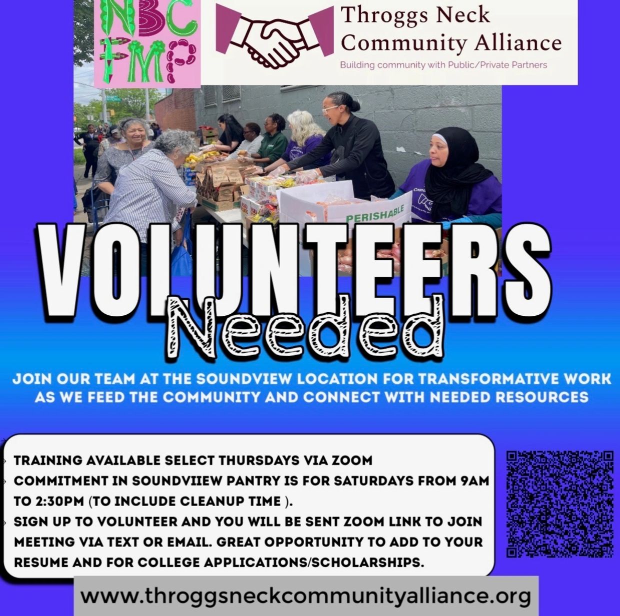 Flyer for Volunteers Needed for Soundview pantry and special events. 
