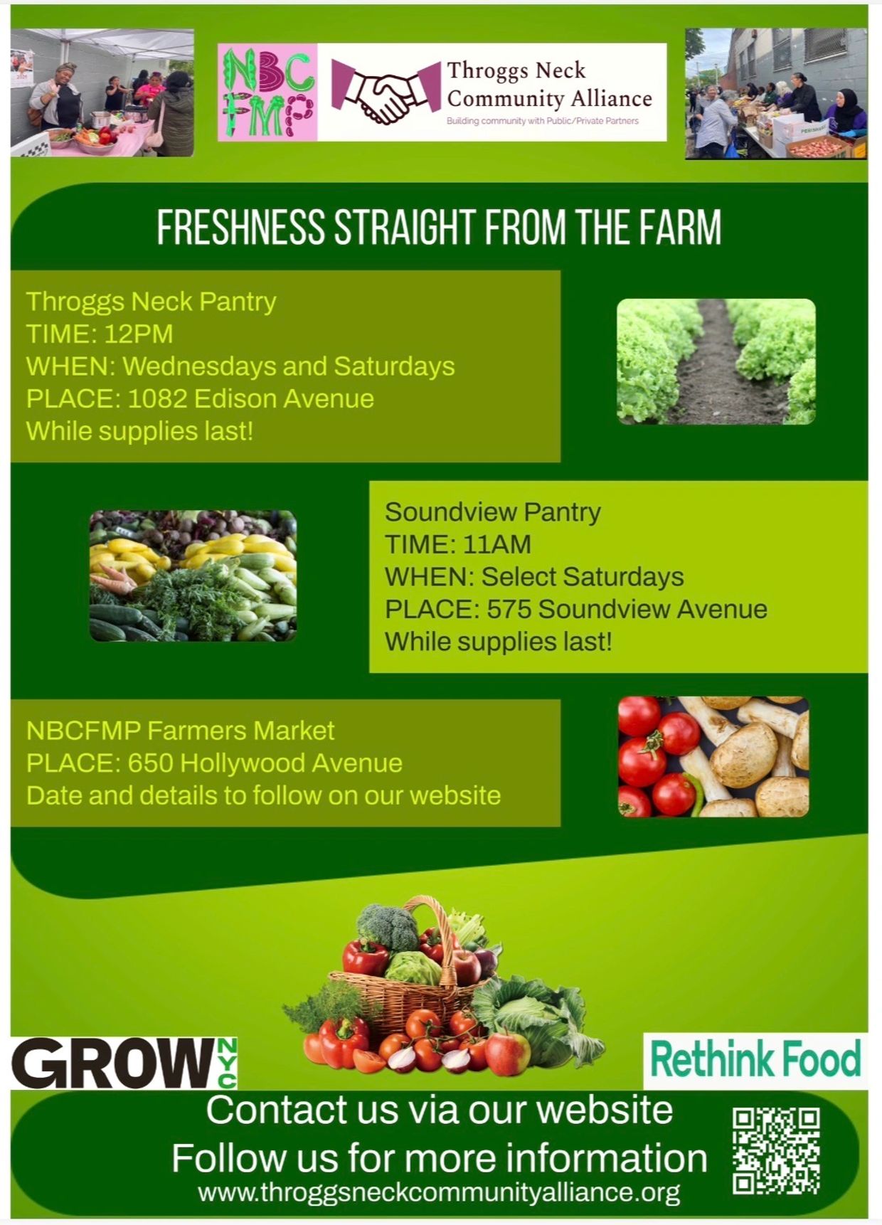 Freshness from the farm at Throggs Neck Pantry Wednesday and Saturday 1082 Edison; Soundview Pantry 